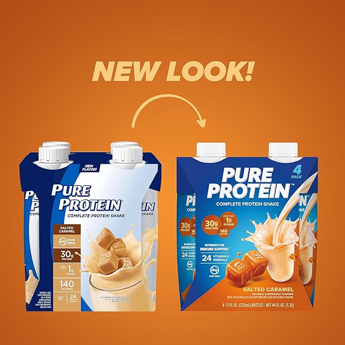 Pure Protein Salted Caramel Shake Ready to Drink and Keto-Friendly Vitamins A C D and E Plus Zinc to Support Immune Health 11 Oz 12 Count