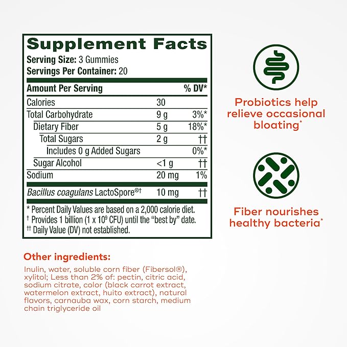Align Probiotic Probiotics + Fiber Gummies Probiotics Help Relieve Occasional Bloating* Fiber Helps Support a Healthy Digestive System* #1 Doctor Recommended Probiotic Brand‡ 60 Gummies