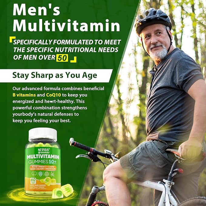 Multivitamin for Men 50 + Plus Sugar Free Men Multivitamins Gummies w/Omega-3 Coq10 D3k2 Calcium Magnesium Zinc Vitamins A C &amp E Mens Vitamins for 𝖧𝖾𝖱𝗍 Antioxidant Brain Bone 60ct