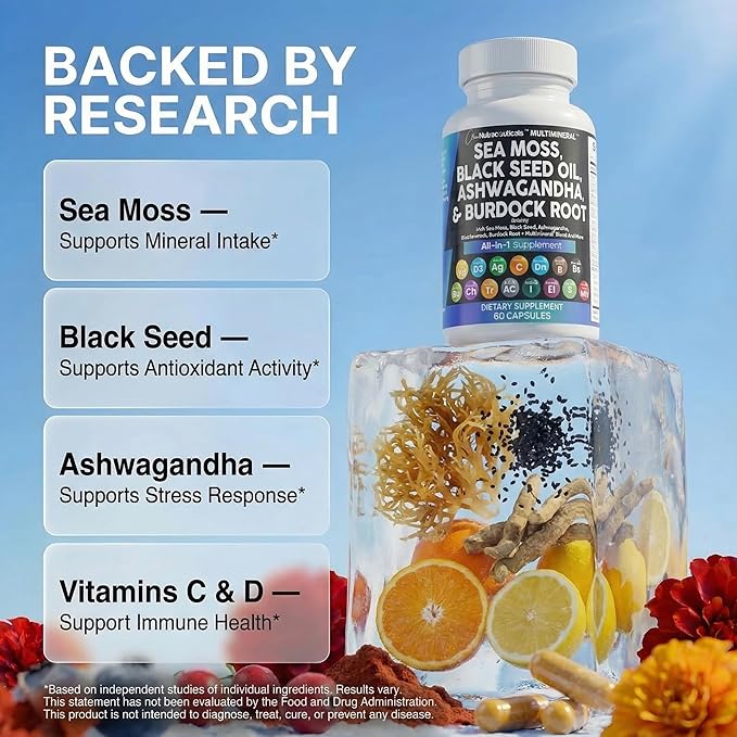 Clean Nutraceuticals Sea Moss Black Seed Oil Ashwagandha Turmeric Bladderwrack Burdock &amp Vitamin C Vitamin D3 with Elderberry Manuka Dandelion Yellow Dock Iodine Chlorophyll ACV
