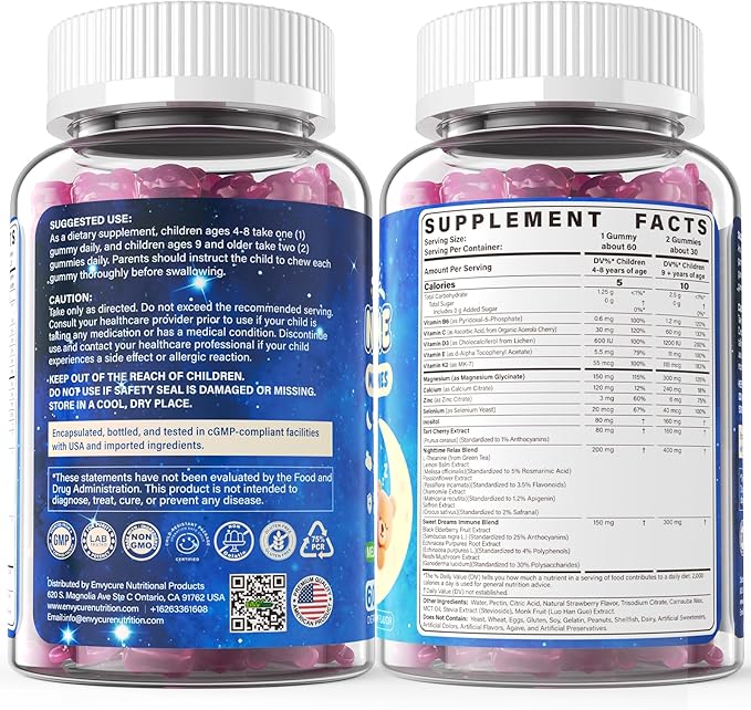 Kids 4+ Nighttime Multivitamin Melatonin Free Sleep Aid Gummies w/Magnesium Glycinate Saffron L-Theanine Calcium Inositol D3+K2 Zinc Supports Calm Mood Brain Bone &amp Immune Sugar Free 2