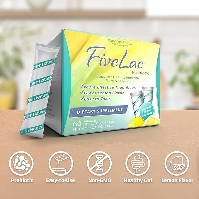 Global Health Trax GHT - FiveLac Lemon Probiotic Powder Drink Mix Probiotics for Women Men Kids - Smooth Digestive Support &amp Elimination – Relieves Constipation &amp Gas - 60 Packets (4 Pack)