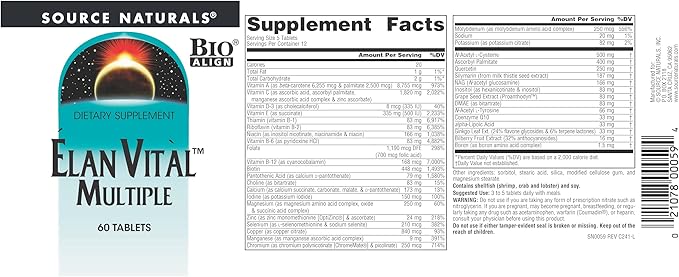 Source Naturals Elan Vital Multiple - Supports Brain Heart Liver Immune Energy Boost* - 60 Tablets