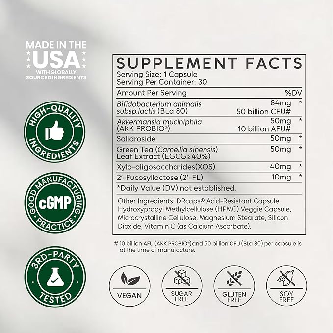 60 Billion Akkermansia Muciniphila with Bifidobacterium Supports GLP-1 Production Naturally Gut Health Appetite &amp Craving Control Made in USA 30 Servings