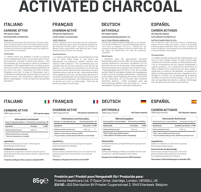 Activated Charcoal Capsules - 200 High Strength Vegan Capsules- 2000mg per Serving I Made in The UK by Prowise Healthcare