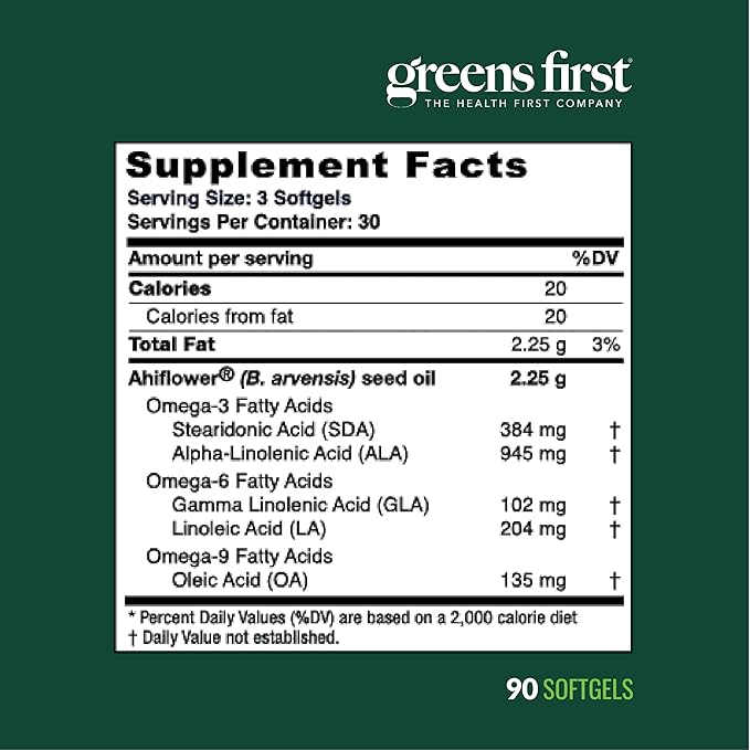 Greens First Ahiflower Oil Plant-Based Omega-3 Supplement – Vegan Omega-3 to Support Brain Immune Joint &amp Heart Health - Essential Fatty Acids - Gluten-Free/Dairy-Free/Soy-Free (90 Softgels)