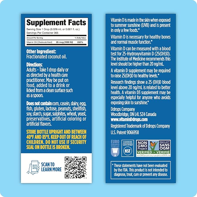 Ddrops Adults 1000IU 365 Drops - Liquid Vitamin D3 Supplement Supporting Strong Bones &amp Immune System