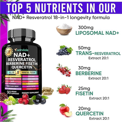 Adndale Liposomal NAD Supplement. Longevity Formula NMN Supplement Alternative. 90CT Advanced NAD+ Resveratrol