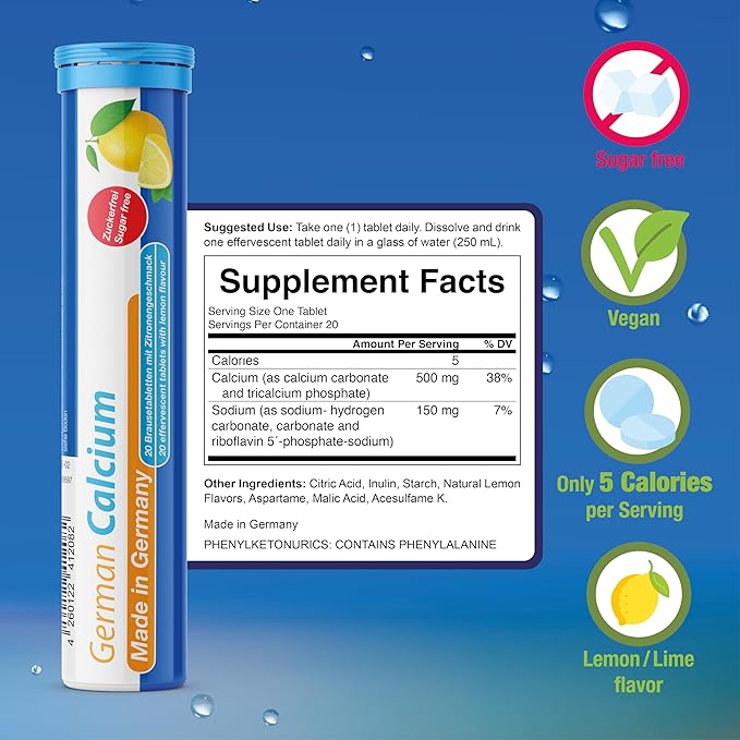 German Calcium 140 Drink Effervescent Tablets - Lemon Lime Flavour - 500 mg Calcium Sugarfree Vegan- T&ampD Pharma – Made in Germany