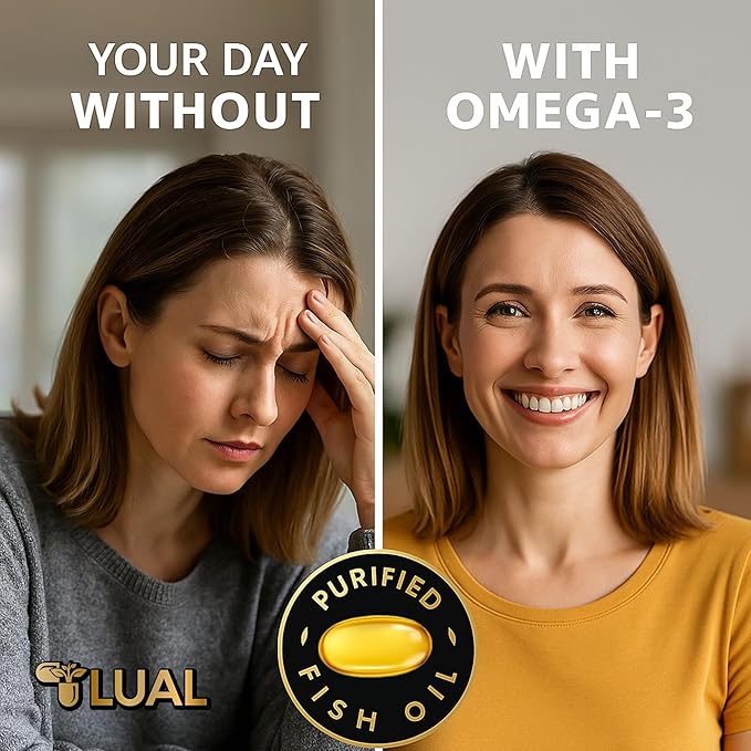 LUAL Omega-3 Fish Oil Softgels – 1000mg with EPA and DHA Lemon Flavor Burpless Non-GMO Formula for Heart Brain and Overall Wellness – 120 Count