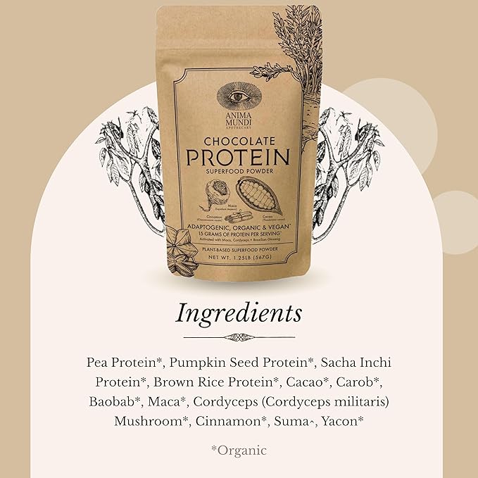 Anima Mundi Apothecary Chocolate Protein Superfood Powder - Organic Vegan Protein Powder - Nutrient-Dense Chocolate Plant Based Protein Blend with Adaptogens for Energy &amp Strength (567g)
