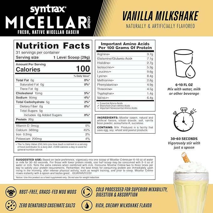 Syntrax Nutrition Micellar Creme Protein Powder Fresh Native Micellar Casein Vanilla Milkshake 2 lbs