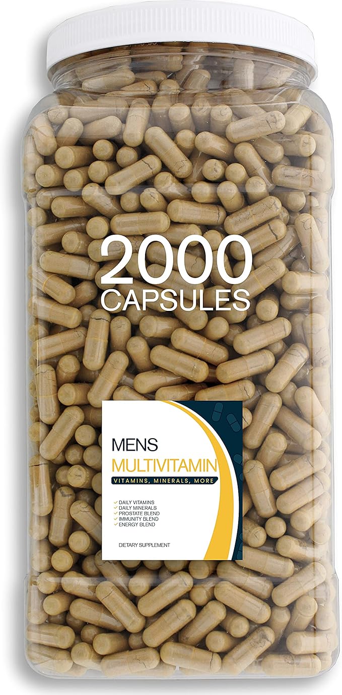 Daily Multivitamin &amp Men's Health Blend - 2000 Capsules of Vitamins Minerals Mens Health Antioxidants &amp Energy in a Clear Square Grip Jar
