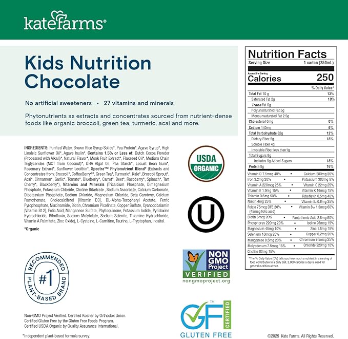 KATE FARMS Organic Kids Nutrition Chocolate Shake 8g Protein 27 Vitamins and Minerals Meal Replacement Gluten Free Non-GMO 8.45 oz (6 Pack)