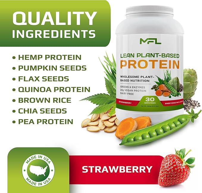 MFL Vegan Plant-Based Protein Powder l Gluten Free l Non Dairy l Non GMO l Lactose Free l Keto-Friendly | 2.12 lbs (Strawberry)