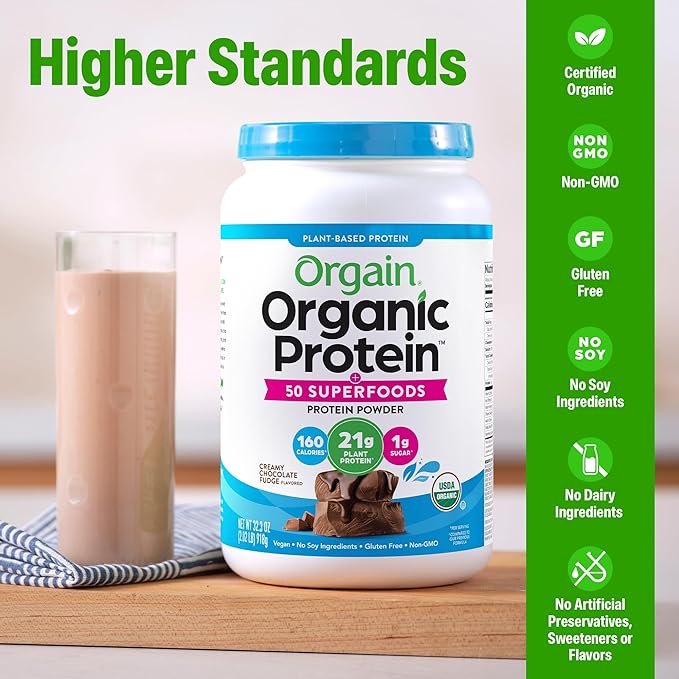 Orgain Organic Vegan Protein + 50 Superfoods Powder Creamy Chocolate Fudge - 21g Plant Based Protein 9g Prebiotic Fiber No Lactose Gluten Free No Added Sugar 2.02 lb (Packaging May Vary)