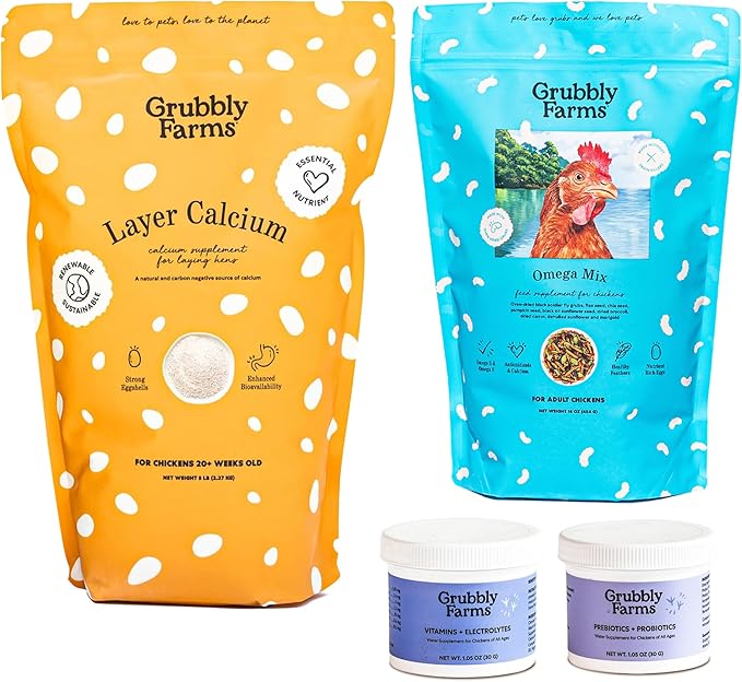 Grubbly Farms Supplements Bundle - Layer Calcium Probiotics+Prebiotics Vitamins+Electrolytes &amp Omega Mix - Complete Nutrition Support Strong Eggshells &amp Digestive Wellness for Laying Hens -