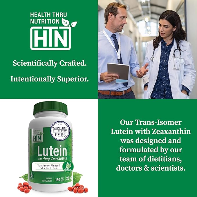 Lutein 20mg with Zeaxanthin 4mg 180 Softgels | Trans-Isomer Marigold Extract in Nature Identical 5:1 Ratio | Supports Healthy Eye Skin and Brain | Non-GMO Soy &amp Gluten Free | by Health Thru Nutri