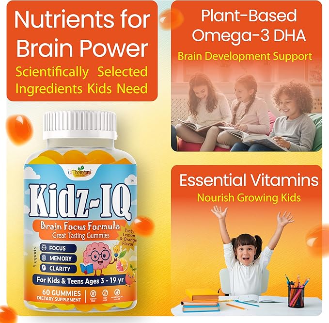 Kidz IQ Focus Gummies for Kids &amp Teens Omega 3 DHA Brain Vitamins for Kids Brain Supplements for Memory and Focus Orange Flavor Non-GMO Gluten-Free – 60 Gummies