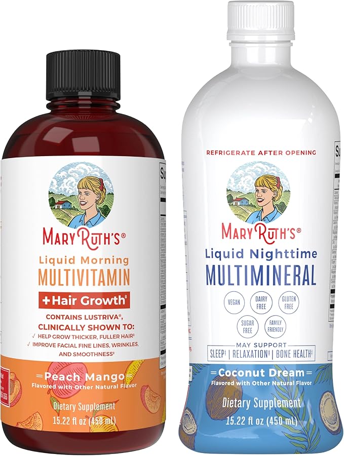 MaryRuth's Liquid Morning Multivitamin +Hair Growth (Peach Mango 15oz) &amp Nighttime Multimineral (Coconut 15oz) | Clean Label Project Verified® | Vegan Non-GMO | Beauty Bedtime Routine &amp We
