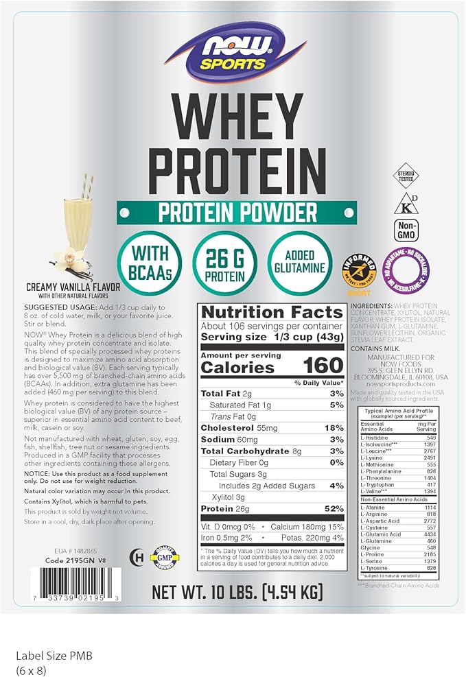 NOW Foods Sports Nutrition Whey Protein 26 G With BCAAs Creamy Vanilla Powder 10-Pound