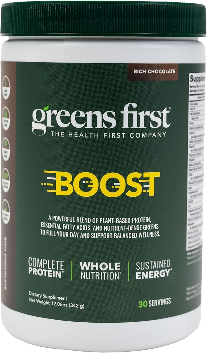 Greens First Boost - Plant-Based Protein &amp Balanced Nutrition - Superfood Shake Mix - No Wheat or Soy - Dairy-Free - Vegan - Dutch Chocolate 12.28 oz.