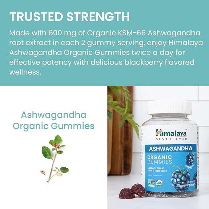 Himalaya Ashwagandha Organic Gummies KSM-66 Organic Ashwagandha to Help with Stress Relief Energy and Relaxation 60 Gummies with Delicious BlackBerry Flavor