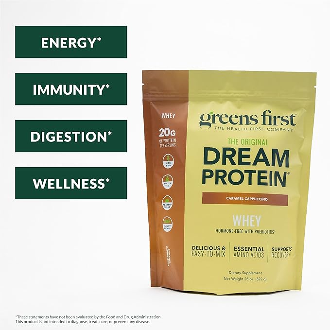 Greens First Dream Protein Powder Whey - 20g Protein Per Serving - Hormone-Free with Prebiotics - Non-GMO - No Artificial Sweeteners/MSG/Aspartame (Caramel Cappuccino 25 oz)