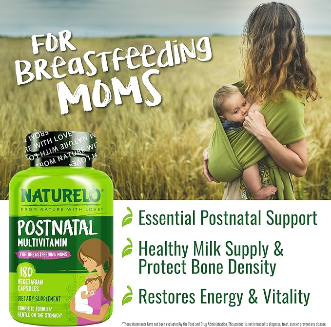 NATURELO Postnatal Multivitamin - Supplement for Breastfeeding Women - Plant-Based Vitamin D Folate Gentle Iron - for Nursing Mother Baby - Post Natal Lactation Support - 180 Count (Pack of 2)