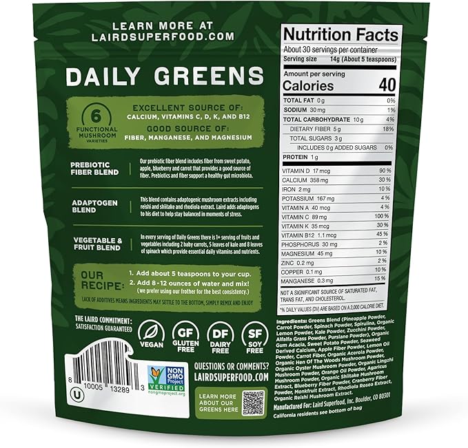 Laird Superfood Prebiotic Daily Greens Powder – Essential Vitamins &amp Minerals - Prebiotic Fiber Adaptogen and Fruits &amp Vegetables – Supports Gut Health – Non-GMO Vegan - 14.8 oz Bag Pack of