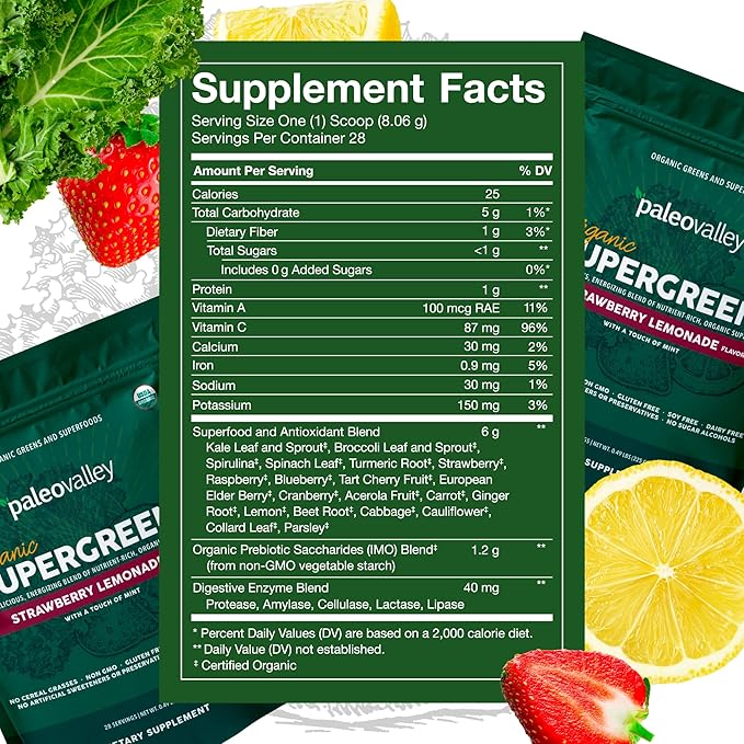 Paleovalley Organic Supergreens - Organic Greens Powder Superfood for Immune Support - Paleo Green Powder Blend - 28 Servings - 23 Superfoods - Gluten Free No Cereal Grasses Soy or Grain
