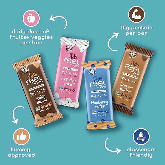 Feel Bar Minis – Kids Protein Bars | Blueberry Muffin | 10g Plant Protein | 100 Calories | No Added Sugar | + Daily Veggies | Gluten Free No Nuts No Soy No Dairy No Grains (12 Pack)