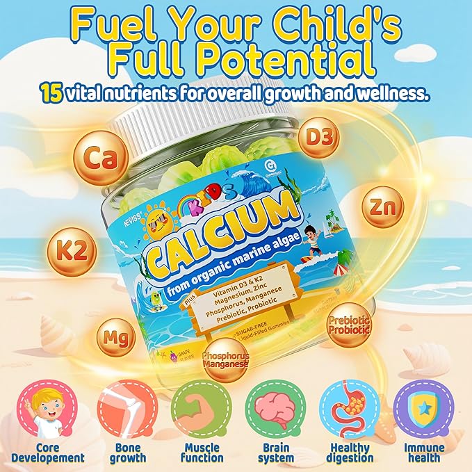 Kids Calcium Gummies + Vitamin D3 (1000IU/2000IU) K2 Magnesium Phosphorus Probiotic Algae Calcium Supplement for Kids 4+ &amp Teens for Bones &amp Teeth Extra Calcium Absorption Sugar Free 6
