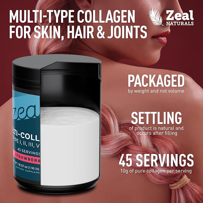 Premium Multi Collagen Peptides Powder (1 2 3 5 &amp 10) with Protein. Vitamin C Biotin Hyaluronic Acid for Hair Skin and Nails - Marine Bovine Chicken &amp Eggshell (Strawberry 45 Servings