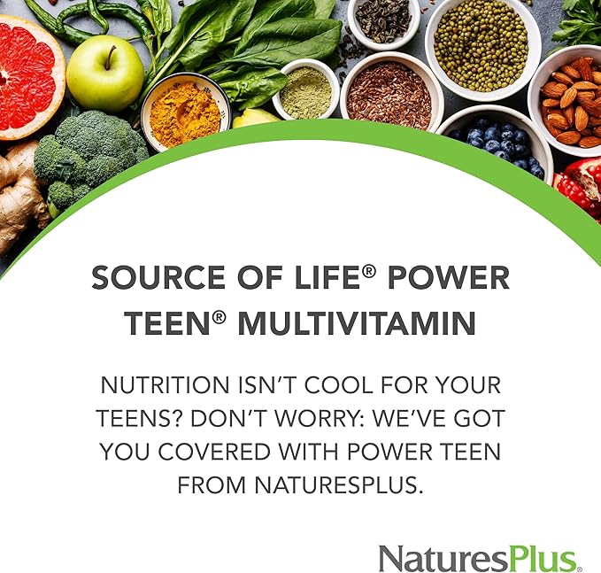 Natures Plus Source of Life Power Teen - 90 Vegetarian Tablets - Teen Multivitamin with Minerals &amp Whole Foods for Mental Focus Energy Booster - Gluten-Free - 45 Servings