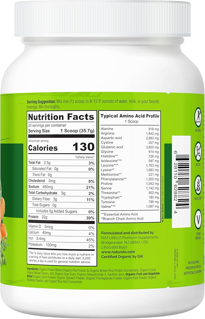 NATURELO Plant Protein Powder Chocolate 22g Protein - Non-GMO Vegan No Gluten Dairy or Soy - No Artificial Flavors Synthetic Coloring Preservatives or Additives - 20 Servings