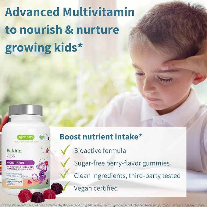 Igennus Methylated Kids Multivitamin Gummy MTHFR No Artificial Sweeteners or Flavors Sugar Free Age 4+ 90 Natural Berry Flavor Gummies from Fruit Powder Non-GMO Halal Clean Label x6