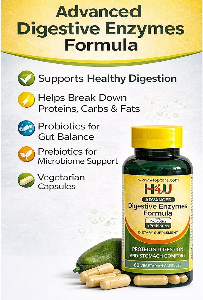 H4U Advanced Digestive Enzymes with Probiotics &amp Prebiotics – Multi Enzyme Supplement for Gut Health Digestion Support Bloating Relief &amp Stomach Comfort Vegetarian Capsules 60 Count