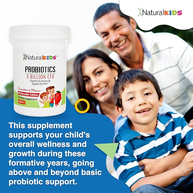 NaturalSlim Kids Probiotics for Digestive &amp Gut Health Immune Support 5 Billion CFU with LGG BB-12 &amp 4 Probiotic Strains 35 mg Calcium for Children Ages 3+ Strawberry Flavor 60 Chewable