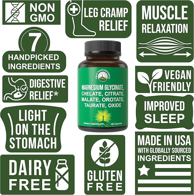 Magnesium Glycinate + Citrate + Malate + Chelate + Orotate + Taurate + Oxide. 7 Forms of Magnesium Complex. 500mg Supplement Capsules for Women &amp Men. 2 Pills for Sleep Leg Cramps Muscles