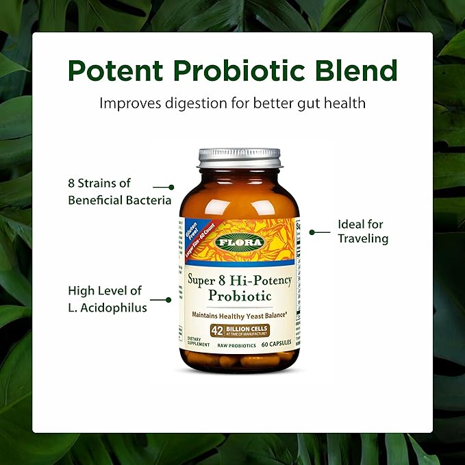 Flora - Super 8 Hi-Potency Probiotic - Daily Probiotic for Gut &amp Digestive Health - 42 Billion CFU - Contains Lactobacillus &amp Bifidobacterium Strains - Keep Chilled - 60 Capsules