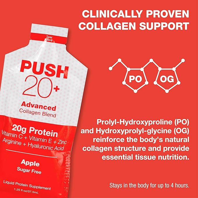 PUSH 20+ Advanced Collagen Blend Apple Flavor 20g Liquid Protein with Arginine Vitamin C E Zinc and Hyaluronic Acid Supports Wound Healing &amp Recovery Single-Serving 1.25 oz Packets Case of