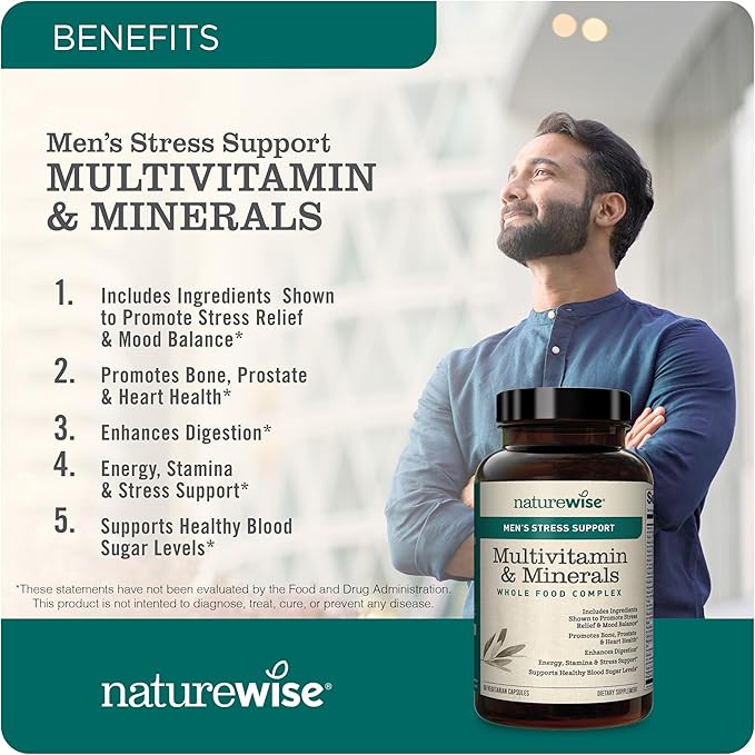 NatureWise Multivitamin for Men + Stress Support + Fulvic Ionic Minerals + Probiotics for Immunity Male Health Digestion + Whole Organic Foods - Vegetarian Non-GMO - 60 Capsules[1-Month Supply]