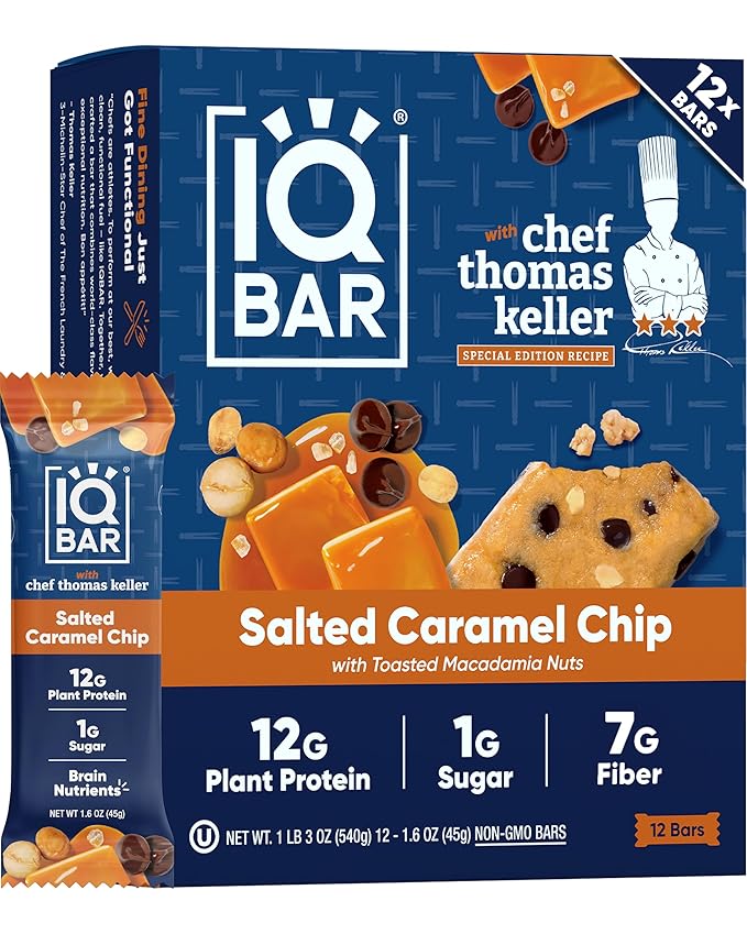 IQBAR Clean Plant Protein Bars - Salted Caramel Chip - 12 Count - Keto Vegan High Fiber Gluten and Dairy Free Low Sugar Snack - Brain and Body Nutrients for Focus Energy Meal Replacement