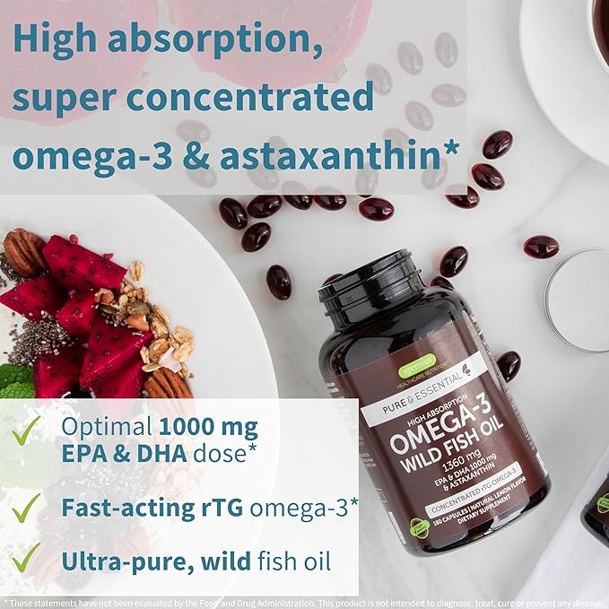 Pure &amp Essential High Absorption Omega-3 Wild Fish Oil 1360mg + Live Cultures+ Lab4 Probiotics Bundle 1000mg EPA &amp DHA with Astaxanthin + 25 Billion CFU Lactobacillus Acidophilus &amp Bifido