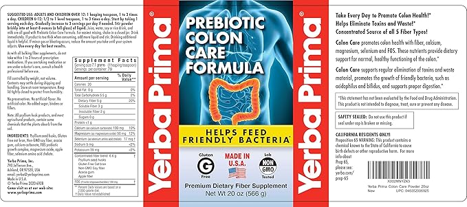 Yerba Prima Prebiotic Colon Care Formula 20 oz Powder with FOS - Natural Psyllium Fiber Magnesium Selenium - Non-GMO Gluten Free Vegan Daily Supplement - for Men &amp Women