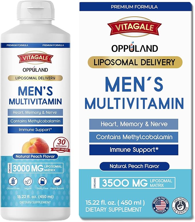 Men's Multivitamin - Liquid Supplement - Liposomal Delivery - Daily Multi Vitamin with Biotin B Complex Omega-3 - Hair &amp Nail Support Vitamin - Peach Flavor - 3000 mg per Serving - 450 mL