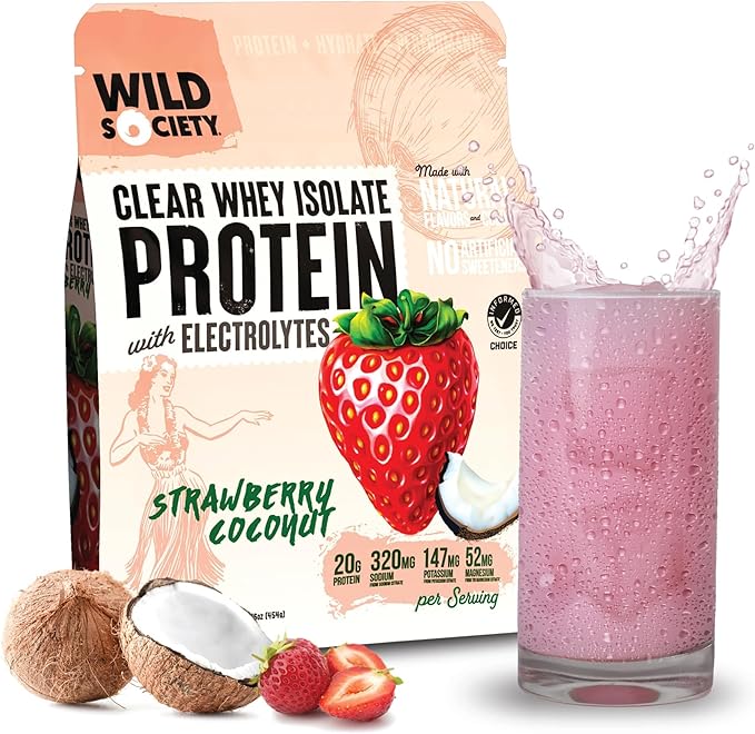 WILD SOCIETY - Clear Protein Powder + Electrolytes - 20g Clear Whey Protein Isolate Drink - Zero Sugar - 0g Lactose - Natural Flavors &amp Colors - Muscle Post Workout Recovery - Strawberry Coconut