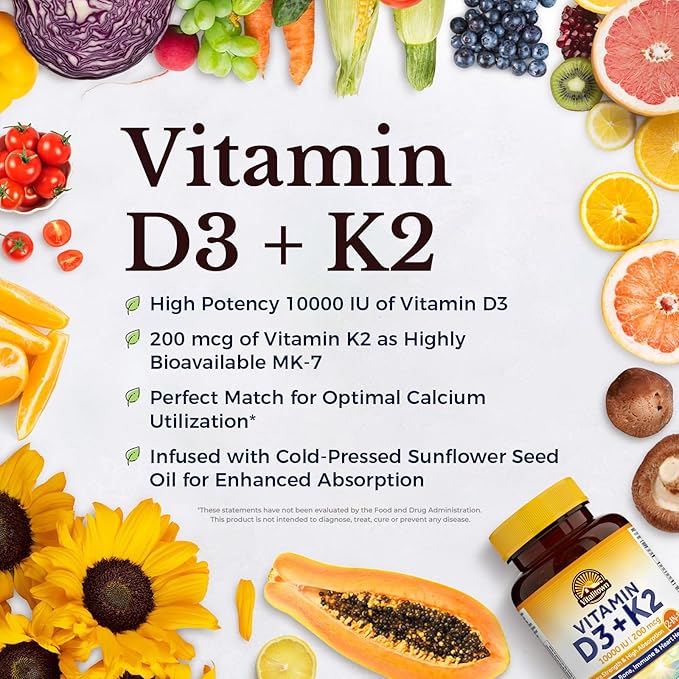 Vitalitown Vitamin D3 K2 &amp Multivitamin Bundle - Vitamin D3 + K2 10000 IU(Item 1) + Multivitamin with Iron &amp Zinc (Item 2)