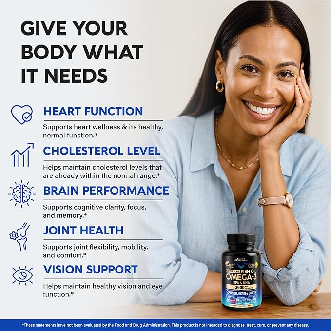 Omega 3 Fish Oil 3600 mg - Omega 3 Supplement | EPA &amp DHA - Heavy Metals Free - Heart Brain &amp Joint Support - Purified Fish Oil for Men &amp Women - Lemon Flavored - Made in USA 90 Softgels